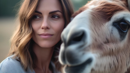 Beautiful young woman with a llama in the field. Selective focus.の素材