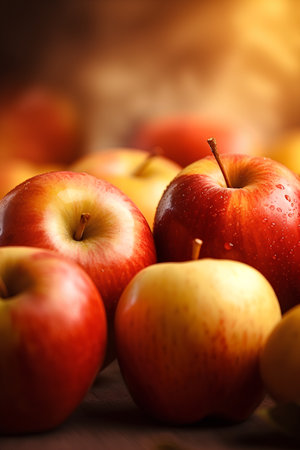 Fresh apples with water drops on wooden table. Selective focus.の素材