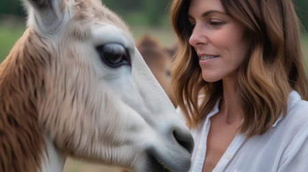 Beautiful woman in white shirt with a horse in the field.の素材