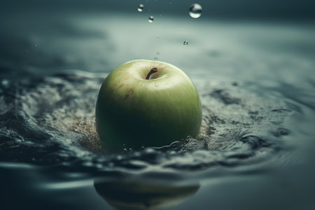 Green apple falling into water with drops of water splashing on itの素材