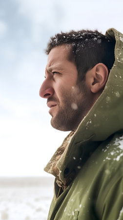 Side view portrait of a handsome man in a green jacket with hood looking awayの素材