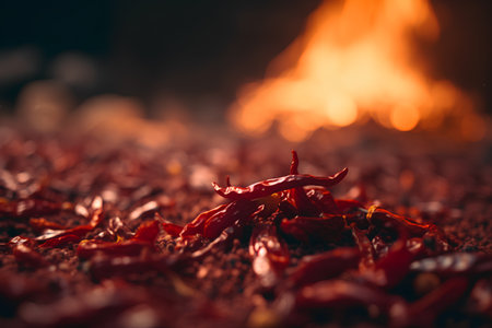 Red hot chili pepper on the ground with a fire in the backgroundの素材