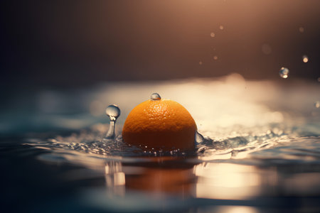 Tangerine falling into the water with a drop of water.の素材