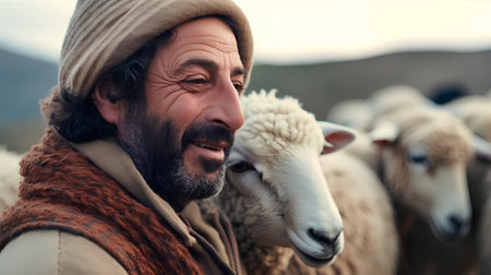 Portrait of a middle-aged man with sheeps in the backgroundの素材