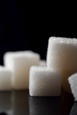 Refined sugar cubes on black background. Shallow dof.の素材