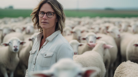 Young woman farmer standing in a flock of sheep on a farm.の素材