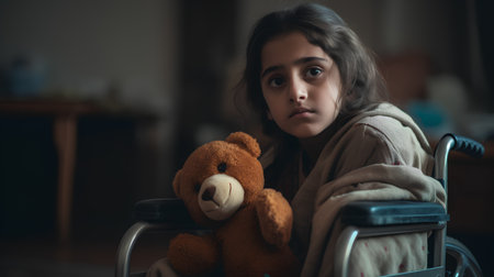 Sad little girl with teddy bear in wheelchair at home. Sadness concept.の素材