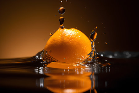 Fresh orange falling into water with splash on dark background. Close up.の素材