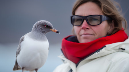 Young woman with a seagull on her shoulder in winter.の素材