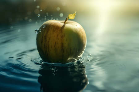 Green apple with drops of water on the water surface. Selective focus.の素材