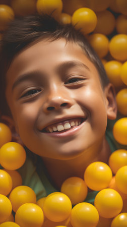 Smiling boy lying in the yellow balls and looking at the cameraの素材