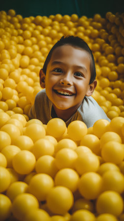 Cute asian child playing with yellow plastic balls at the playgroundの素材