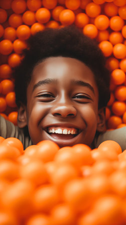 smiling african american girl with oranges in supermarket, closeupの素材