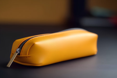 Close up of a yellow clutch on a black background. Shallow depth of field.の素材