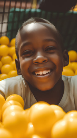 smiling african american boy looking at camera while standing among yellow tomatoes in supermarketの素材
