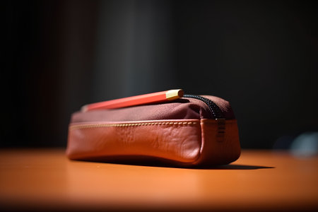 Pencil case on a table in a restaurant, shallow depth of fieldの素材