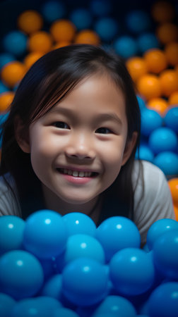 Little asian girl playing in the children's room with colorful ballsの素材