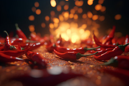 Hot red chili peppers on a wooden table with bokeh backgroundの素材