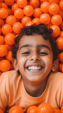 smiling indian child in orange t-shirt playing with orange ballsの素材