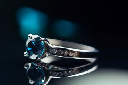 Jewelry ring with blue sapphire on a black backgroundの素材