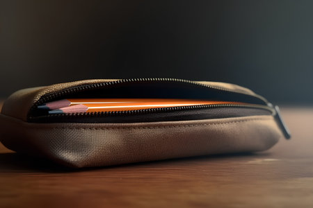 Pencil in a brown leather case on a wooden table with copy spaceの素材