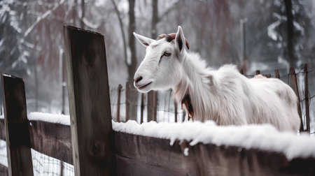 White goat in the winter forest on a background of a wooden fenceの素材