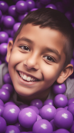 Portrait of a smiling little boy playing with purple balls at homeの素材