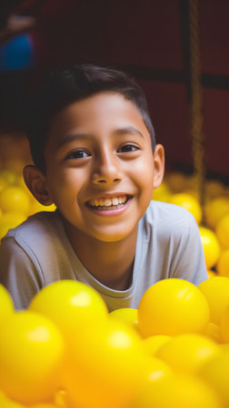 Portrait of happy asian boy playing in yellow balls at amusement parkの素材