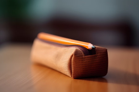 Pencil case on a wooden table with shallow depth of field.の素材
