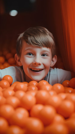 Cute little boy with tangerines in the orange store.の素材