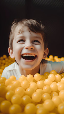 Cute little boy playing with yellow jelly balls in children's roomの素材