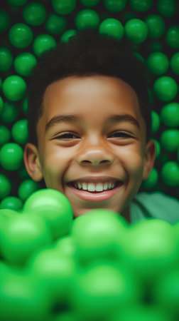 Portrait of a smiling African-American boy surrounded by green ballsの素材