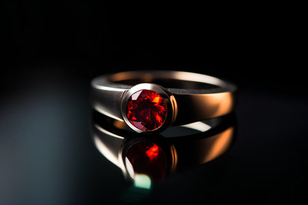 Wedding ring with red gemstone on a black background.の素材