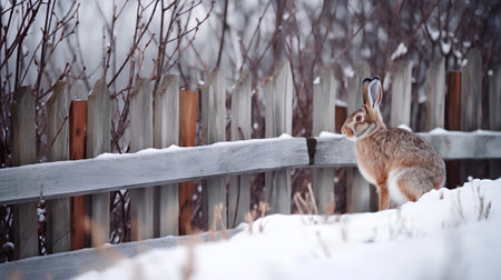 Brown hare in the winter on the background of a wooden fenceの素材