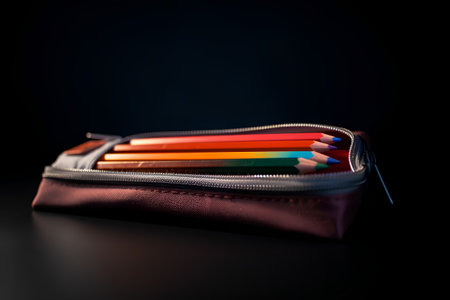 Pencil case with colorful pencils on black background. Selective focus.の素材