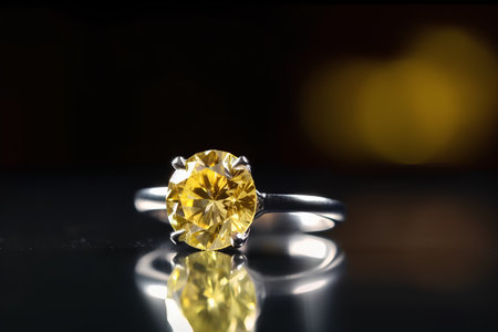 Golden ring on black background with reflection. Luxury jewelry concept.の素材