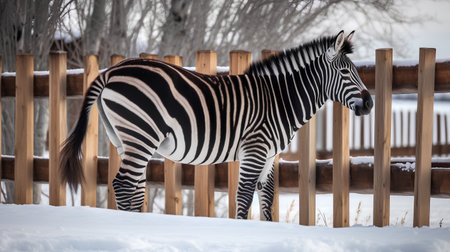 Zebra standing in the snow on a background of wooden fence.の素材