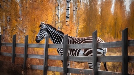 Zebra in autumn birch grove behind wooden fence at sunsetの素材