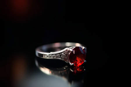 wedding ring with red gemstone on a black background.の素材