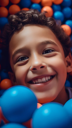 Close-up portrait of a smiling little boy with blue and red balloons.の素材