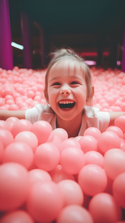 Cute little girl playing with pink balloons in the children's roomの素材
