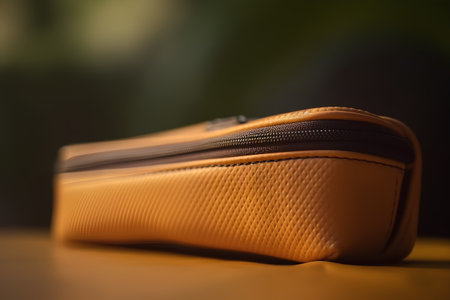 Close up of a yellow purse on a wooden table with a blurred backgroundの素材