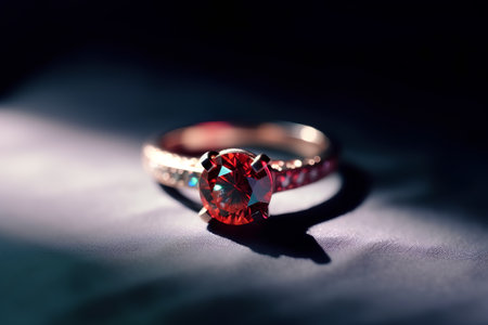 Wedding ring with a red sapphire on a dark backgroundの素材