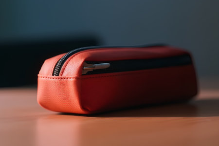 Red cosmetic bag on the table, close-up, selective focusの素材