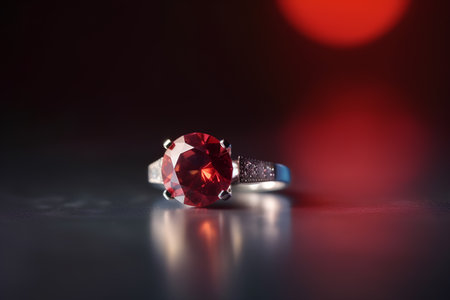 Wedding rings with red ruby on a dark background with bokehの素材