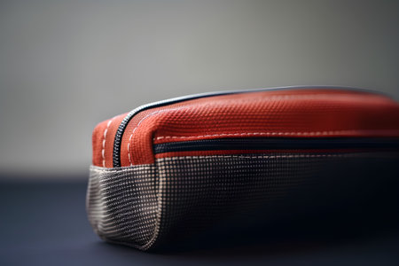 A close up shot of a red cosmetic bag on a dark backgroundの素材