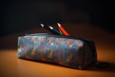 Pencil case with color pencils on wooden table. Selective focus.の素材