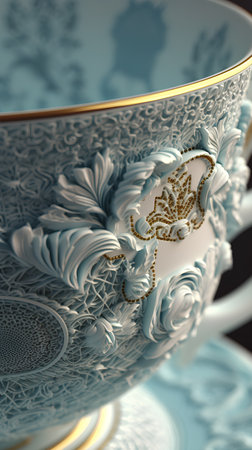 Vintage porcelain tea cup with floral ornament. 3D renderingの素材