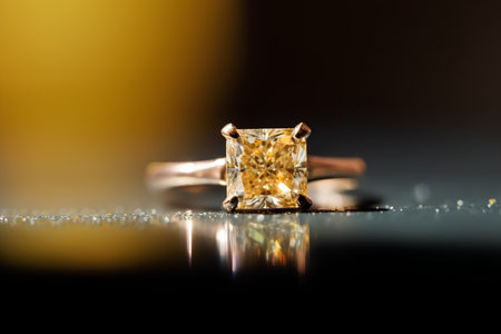 Diamond engagement ring on a black background with reflection and copy space.の素材