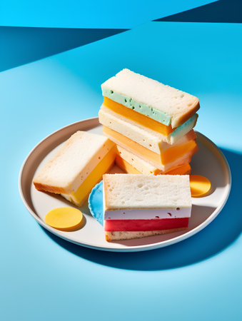 Colorful sandwiches on a plate on a blue background. Top viewの素材